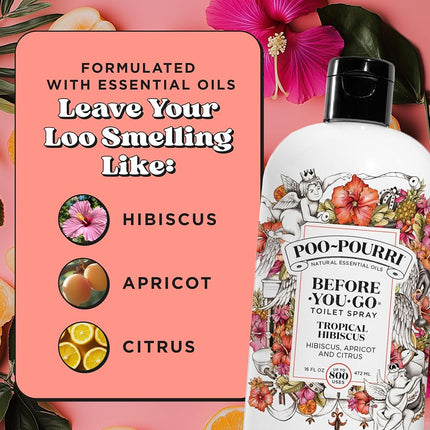Recharge de vaporisateur de toilettes avant utilisation Poo-Pourri, Hibiscus Tropical, 473 ml, Jusqu'à 800 utilisations, Désodorisant de salle de bain avec huiles essentielles pour la maison ou le travail, Parfum Hibiscus, Abricot et Agrumes