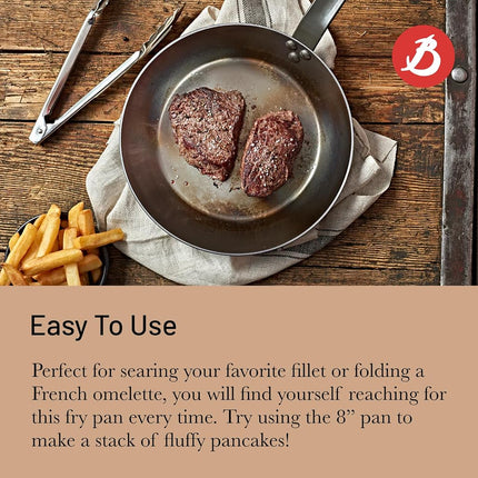 de Buyer Mineral B Carbon Steel Fry Pan - 8” - Ideal for Searing, Sauteing & Reheating - Naturally Nonstick - Made in France
