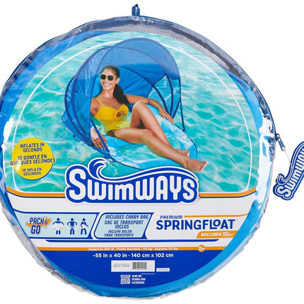 Tumbona de piscina reclinable prémium SwimWays Spring Float con dosel ajustable y válvula Hyper-Flate, azul