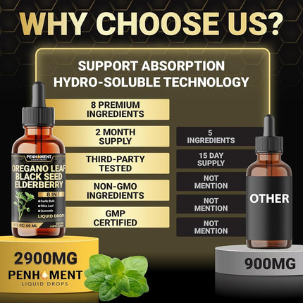 Penhoment 8in1 Oil of Oregano Drops with Black Seed Oil Liquid | Contains Carvacrol | Garlic, Elderberry, Olive Leaf, Quercetin, Bromelain - 2 Fl Oz