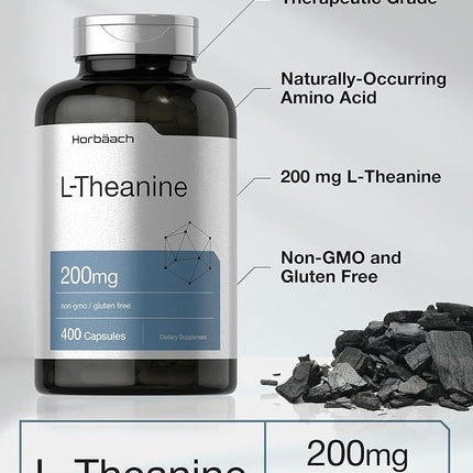 L Theanine 200mg | 400 Capsules | Value Size | Non-GMO, Gluten Free Supplement | by Horbaach