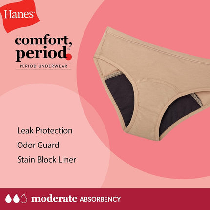 Hanes Girl's Comfort, Period. Boyshort & Hipster Period Underwear, Moderate Protection, Multi-Pack, Hipster - Black - 6 Pack, 10
