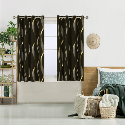 Deconovo Foil Golden Printed Wave Striped Solid Blackout Curtains Room Darkening Noise Reduction Grommet Window Curtain for Bedroom 52x95 Inch Set of 2 Dark Grey