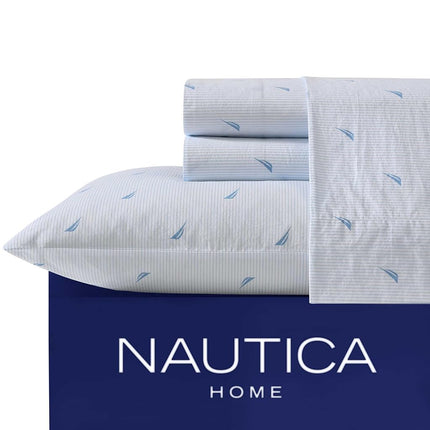 Nautica - King Sheets, Cotton Percale Bedding Set, Casual Home Decor (Boat Stripe Pale Blue, King)