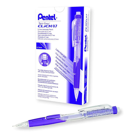 Pentel Twist Erase CLICK Mechanical Pencil, 0.7mm, Clear Barrel, Violet Grip, Box of 12 (PD277TV)