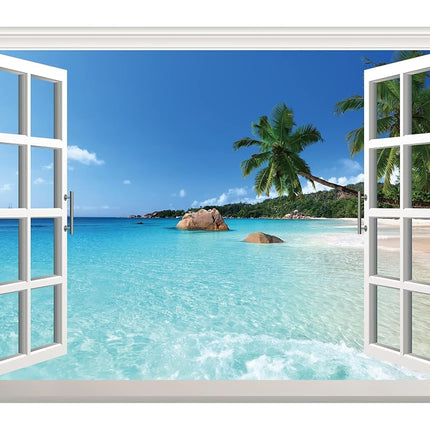 FLFK Fake Window Wall Sticker - Summer Beach Faux 