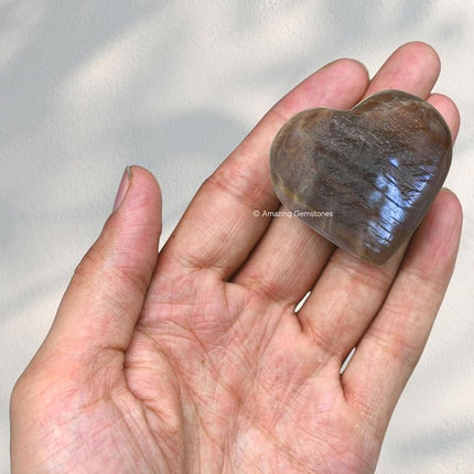 Amazing Gemstone Sun Moonstone Crystal Heart Palm Stone - Pocket Massage Worry Stone for Natural Body Chakra Balancing, Reiki Healing and Crystal Grid