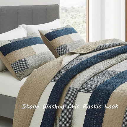 Chezmoi Collection Dylan 2-Piece Navy Blue White Gray Taupe Plaid Rectangular Patchwork Quilt Set - Pre-Washed Cotton Coverlet - Lightweight Bedspread for All Seasons, Twin Size
