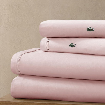 Lacoste 100% Cotton Percale 4-Piece Sheet Set – Cool, Crisp, Matte, and Durable, Oeko-Tex Certified – Solid, Iced Pink, Queen