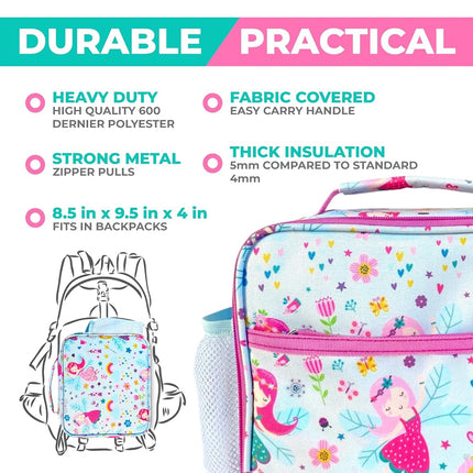 Bento Box, Lunch Bag, Ice Pack Water Bottle Set for Kids - 5 Compartments, Removable Tray, Lunches or Snack Container Girls Toddlers Daycare Pre-School, Kindergarten Pink Fairy Princess