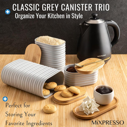 Mixpresso Gray Canisters Sets for the Kitchen – 3-Piece Airtight Plastic Sugar Container Set with Bamboo Lids in Three Different Sizes – Decorative Modern Storage Jars for Coffee, Tea & Countertops