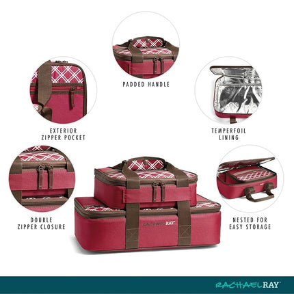 Rachael Ray Lugger Duo, Portacomidas Aislado para Comida Caliente o Fría, Bolsa Térmica para Lasaña para Comidas Compartidas, Fiestas, Picnics y Barbacoas, Compatible con Fuente de Horno de 23 x 33 cm, Borgoña