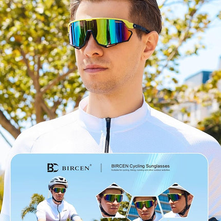 BIRCEN Sunglasses for Baseball Running Cycling : Wrap-around Sport Glasses, E-green Frame Green Lens