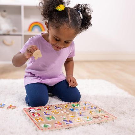 Melissa & Doug Rompecabezas de madera con pestañas de animales y números, paquete de 2 para niños y niñas – Alfabeto, Números