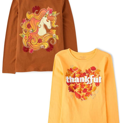 The Children's Place Girls' All Holidays Long Sleeve Graphic T-Shirts,multipacks, Thankful/Harvest Unicorn 2-Pack, XX-Large