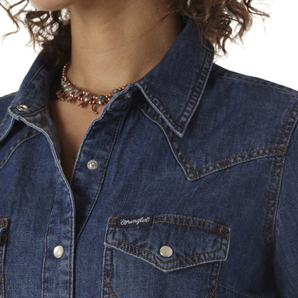 Wrangler Women's Retro Long Sleeve Western Denim Snap Shirt, Dark Denim, XX-Large