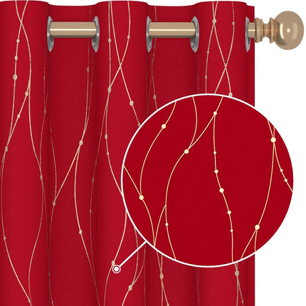 Deconovo Red Blackout Curtains and Drapes Wave Line with Dots Gold Printed Window Treatment Sets Curtains for Bedroom 42 x 54 Inch Red 2 Panels
