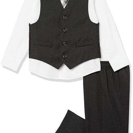 Van Heusen Boys' 4-Piece Formal Suit Set, Vest, Pants, Collared Dress Shirt, and Tie, Black/Red Stripe, 8