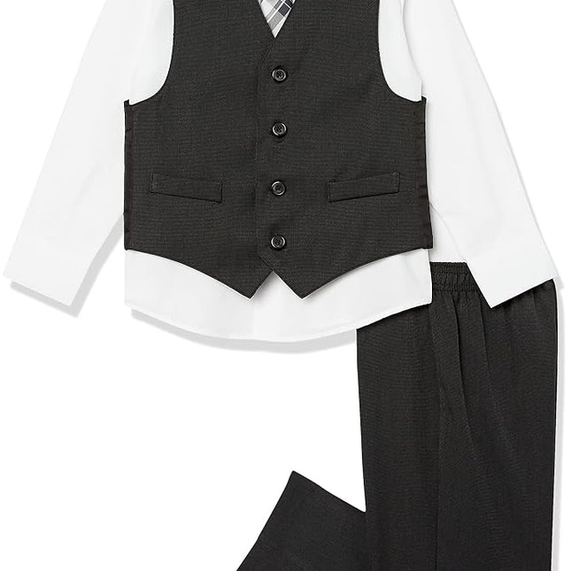 Van Heusen Boys' 4-Piece Formal Suit Set, Vest, Pants, Collared Dress Shirt, and Tie, Black/Red Stripe, 8