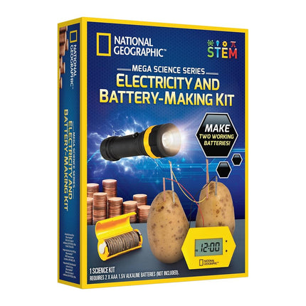 NATIONAL GEOGRAPHIC Kit para Hacer Pilas - Reloj de Patata y Linterna de Moneda, Kit de Ciencia, 2 Proyectos STEM de Electricidad Ideales para Niñas y Niños, Proyectos de Ciencia que Enseñan a los Niños sobre Circuitos