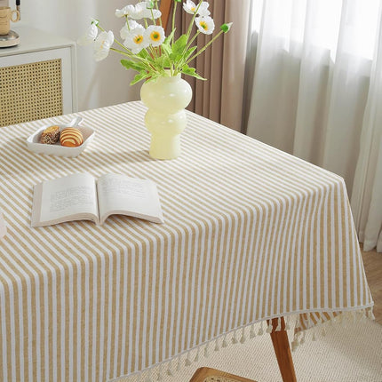 meioro Table Cloth Beige Striped Tablecloth Tassels Cotton Linen Dust-Proof Table Cover for Dining Coffee Buffet Kitchen Picnic Tables, Parties Indoor Outdoor Square Tablecloths (35x35 Inch)
