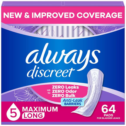 Always Discreet Adult Incontinence Pads for Women, Heavy Absorbency, Long Length, Postpartum Pads, 64 CT