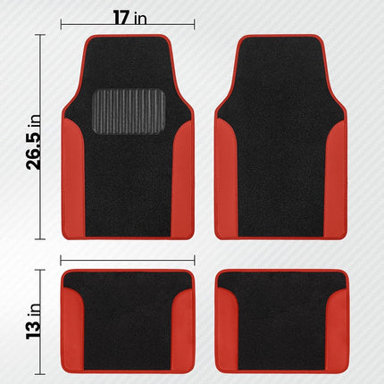 BDK Floor Mats for Cars, Two-Tone Carpet Car Floor Mats with Faux Leather Accents, Automotive Floor Mat Set with Built-In Heel Pad, Stylish Interior Car Accessories (Red)