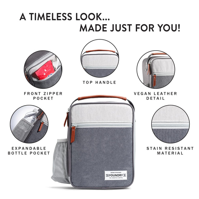 Foundry by Fit + Fresh, Thayer Insulated Lunch Bag, Reusable Lunch Box & Soft Mini Cooler Bag, Perfect for School, Work, Picnics & More, Corduroy Charcoal Grey