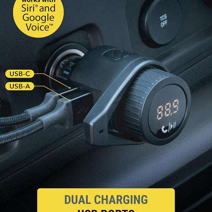 Scosche BTFM9 FM Bluetooth Transmitter Car, Dual 12W USB-C and USB-A Charging Ports, Fast Type C Car Charger, Wireless Radio Bluetooth Adapter, Hands-Free Car Kit for Calls, Siri and Google Assistant