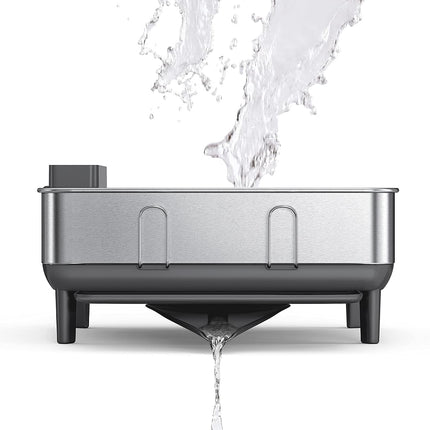 simplehuman Compact Steel Frame Dish Rack, Kitchen Drainer, 360º Swivel Spout, Wine Glass & Cutlery Holder, Grey with Brushed Stainless Steel, W 38.0cm x H 19.0cm x D 39.4cm, KT1184DC