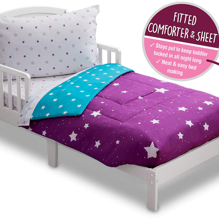 Toddler Bedding Set | Girls 4 Piece Collection | Fitted Sheet, Flat Top Sheet w/ Elastic bottom, Fitted Comforter w/ Elastic bottom, Pillowcase | Delta Children | Girls Starry Night | Purple Stars