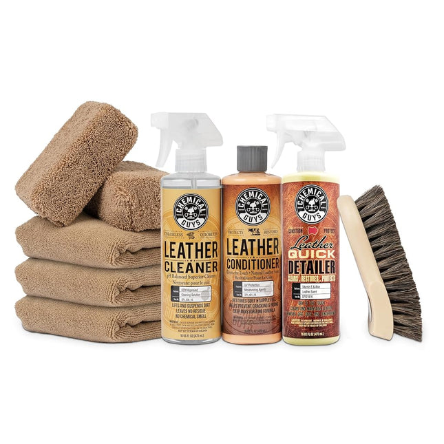 Chemical Guys HOL303 Leather Cleaner and Conditioner Detailing Kit, for Interiors, Apparel, Furniture, Boots, and More (Works on Natural, Synthetic, Pleather, Faux Leather and More), 9 Items,Colorless
