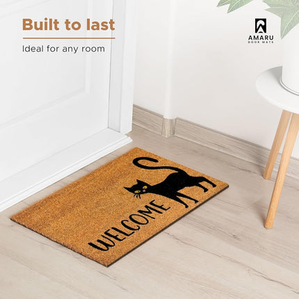 Black Cat- 17"x29" - Coir Door Mat with Heavy Duty Backing - Welcome Mats for Entryway, Porch - Anti-Slip PVC & Coconut Fiber Surface - Natural Home Accessories, Minimalist Original Design