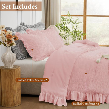 JOLLYVOGUE Seersucker Comforter Set, 3 Pieces Bed in a Bag Comforter Set, Lightweight & Fluffy Bedding Sets for All Season with 1 Ruffle Comforter and 2 Ruffle Pillowshams, King, Pink