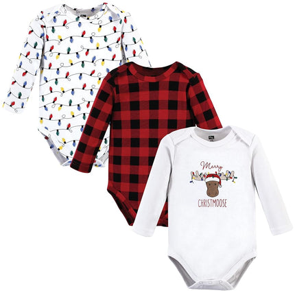 Hudson Baby unisex-baby Cotton Long-sleeve Bodysuits, Red Christmoose, 9-12 Months