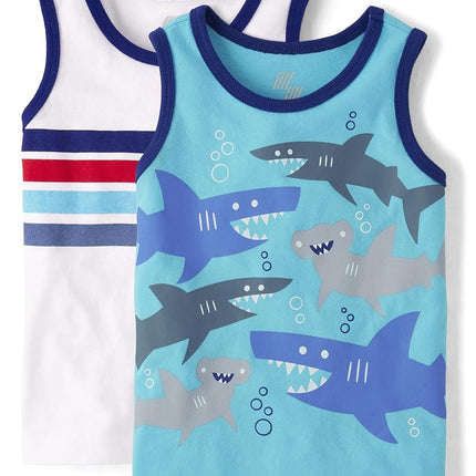 The Children's Place Boys' and Toddler Sleeveless Tank Top, Stripe/Shark 2-Pack, 4T