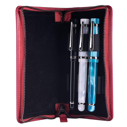 DiLoro Leather Zippered Triple or Quad Pen Case Pencil Pouch Holder for Three or Four Fountain Ballpoint Rollerball Pens or Glasses (Nappa Red)