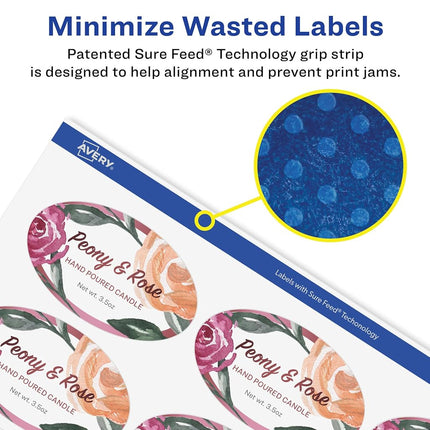 Avery Matte White Removable Oval Labels with Sure Feed Technology, Print-to-The-Edge, 2" x 3-1/3", 400 Removable Labels, Laser/Inkjet Printable Labels