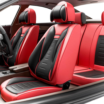SLARY 5PCS Angel Wings Front and Back Car Seat Covers Auto Interior Accessories with Water Proof Nappa Leather for Cars SUV Pick-up Truck Universal Comfortable and Breathable (Full Set, Martha Red)
