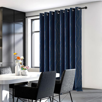 Cortinas Deconovo para Dormitorio de 241 cm de Largo - Cortinas Opacas para Comedor con Estampado de Ondas y Puntos Dorados (132 cm de Ancho x 241 cm de Largo, Azul Marino, 2 Paneles)