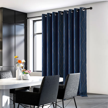 Deconovo Cortinas Opacas con Estampado de Lámina Dorada con Ondas y Puntos, con Ojales, para Dormitorio, Azul Marino, 52 x 108 Pulgadas, Juego de 2