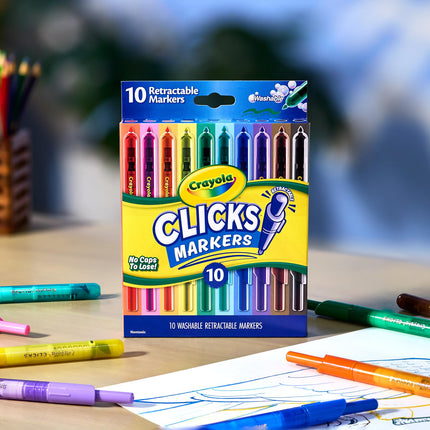 CRAYOLA Clicks Rotuladores - Paquete de 10 Rotuladores Retráctiles Lavables Sin Tapa de 2 en 1 Punta Cónica para Líneas Finas y Gruesas para la Escuela el Hogar y Viajes, Niños y Adultos
