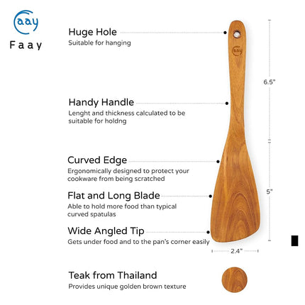 Espátula/Volteador de Madera de Teca FAAY de 11.5 Pulgadas para MANO DERECHA | Espátula Versátil, Duradera, Saludable y de Alta Resistencia a la Humedad para Utensilios de Cocina Antiadherentes
