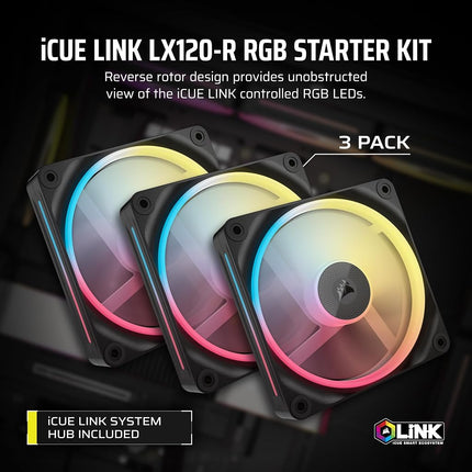 Corsair iCUE LINK LX120-R RGB 120mm PWM Reverse Fans – Triple Fan Kit – Low-Noise, Magnetic Dome Bearing, Dual Light Loops, QuikTurn™ Screws, Zero RPM Mode – Black