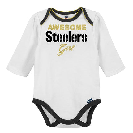 NFL Pittsburgh Steelers 3 Pack Bodysuit Footed Pant and Cap Registry Gift Set, black/white Pittsburgh Steelers, 3-6M