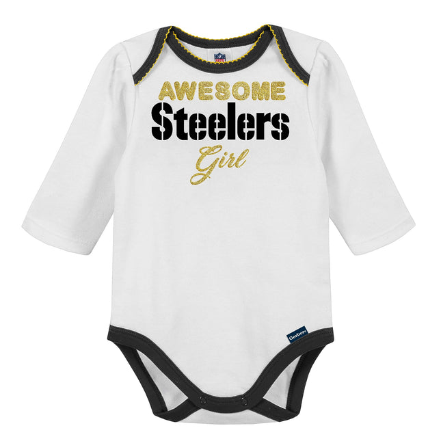 Gerber NFL Pittsburgh Steelers 3 Pack Bodysuit Footed Pant and Cap Registry Gift Set, Black/White Pittsburgh Steelers, 0-3M
