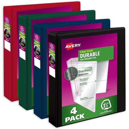 Avery Durable View 3 Ring Binders, 1.5 Inch Slant Rings, 375-Sheet Capacity, DuraHinge, 2.1 Inch Wide Spine, Customizable Clear Covers and Spine, Dark Colors (4-Pack of 05622)