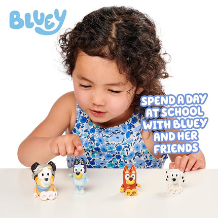 Bluey School Mates 4 Pack; Official 2.5-3 inch Collectable Action Figures Including Jack, Pretzel and Mackenzie with their own Lunch Box Accessories