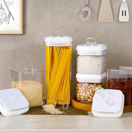 Felli Flip Tite Food Storage Container 5” LARGE 5pk Set + No Residue Label, Airtight Lid Easy Lock Top Stackable, Plastic Canister Jar for Pantry Kitchen Fridge Organizer Pasta Protein Powder Spice