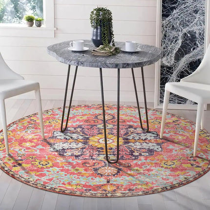 Lahome Bohemian Floral Medallion Round Rug - 4Ft Hot Pink Soft Round Area Rug Bedroom Kitchen Mat, Turkish Washable Indoor Floor Accent Bathroom Carpet for Nursery Living Room Home Office Hallway